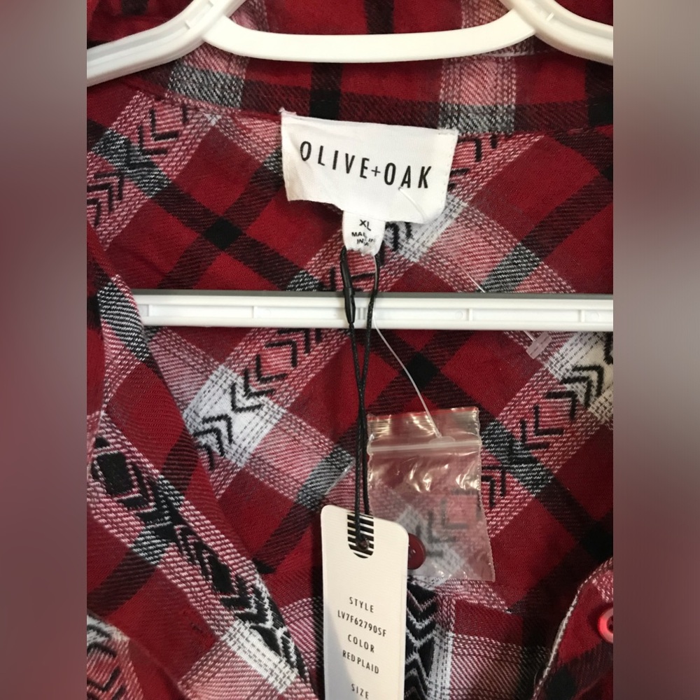 NWT Olive+Oak Women’s Boho Flannel & Plaid Fringe Button Down Cotton Top - Picture 8 of 15